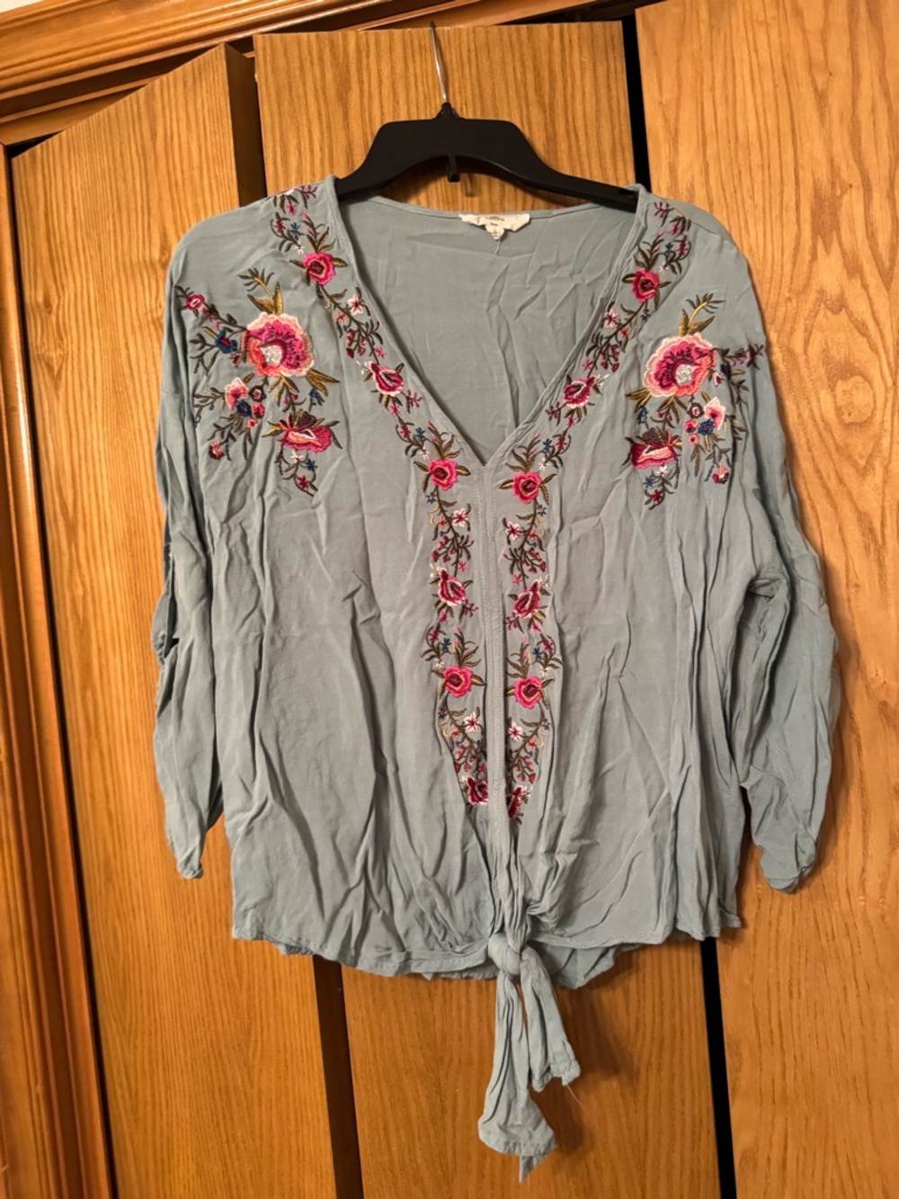 entro V-Neck Tie-Front Embroidered Women's Blouse